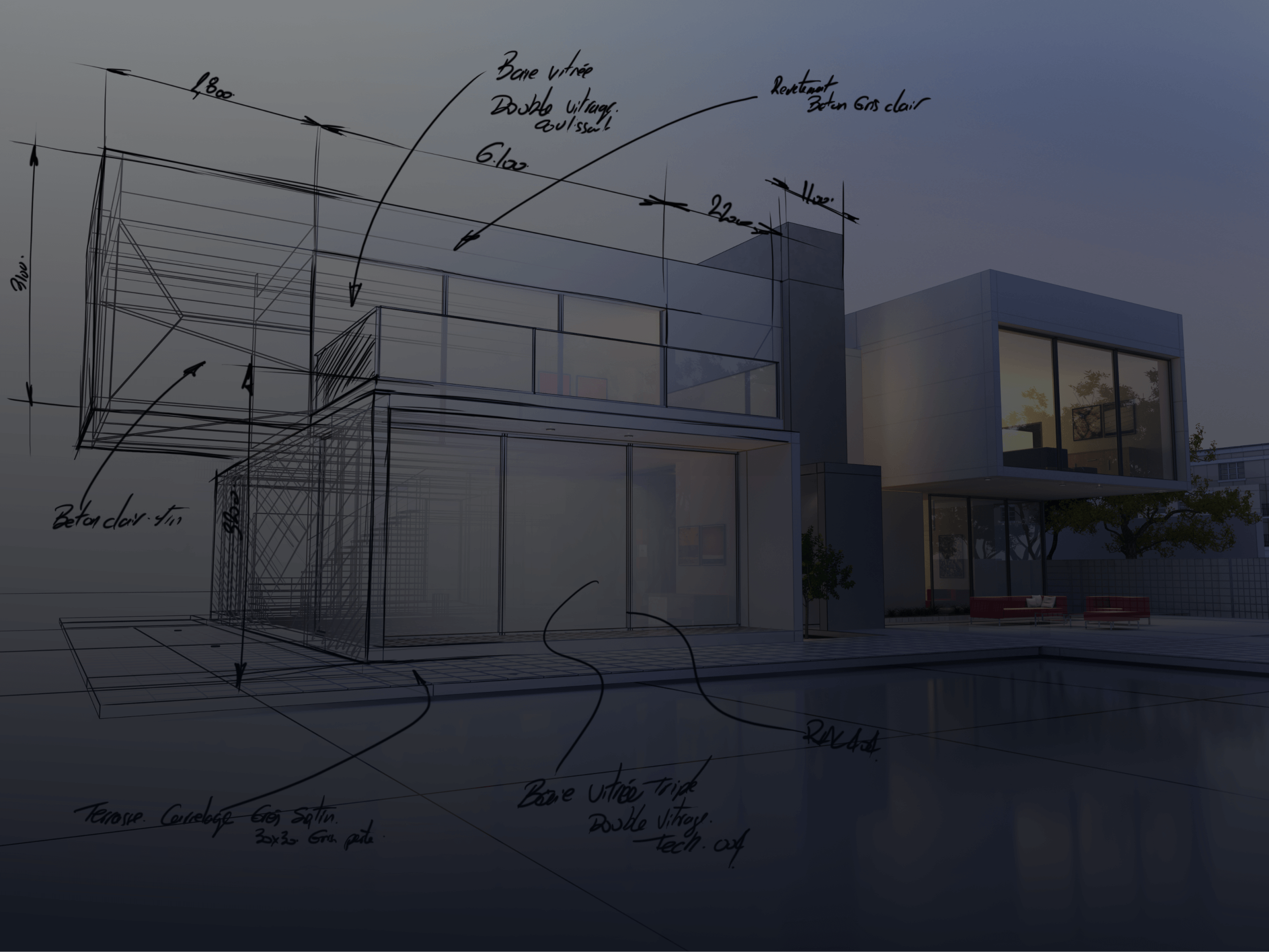 Architektur-Entwurf: Skizzenlinien über einer 3D-Visualisierung eines modernen Hauses